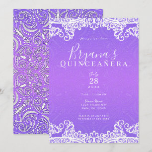 Convites Boho Roxo Rosa Branco Renda 15ª Festa de Quinceañe