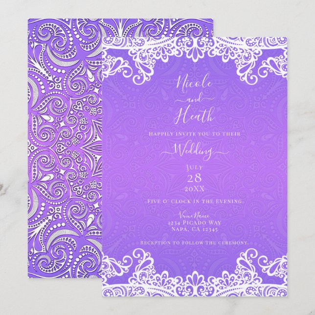 Convites Boho Roxo Rosa Branco Renda Padrão Ousado Casament (Frente/Verso)