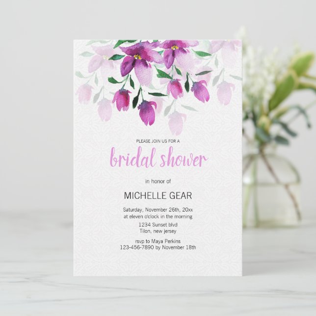 Convites Boho Roxo Rosa Floral Aquarela Pintada à Mão (Em pé/Frente)