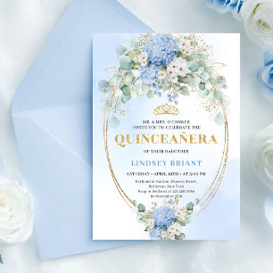 Convites Boho Royal Azul Hydrangeas Eucalipto Quinceañera