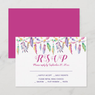Convites Boho RSVP Roxo Penas de Casamento Nativo Americano