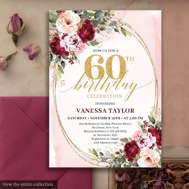Convites Boho Rubor Borgonha Rosas Douradas Aniversário de  (Boho Blush Burgundy Gold Roses 60th Birthday)