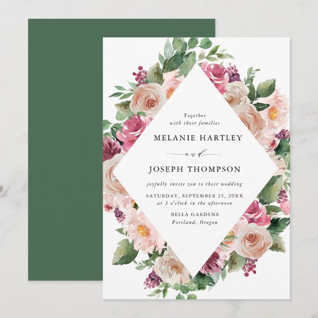 Convites Boho Rubor & Rosa Flores de Primavera Casamento (Frente/Verso)