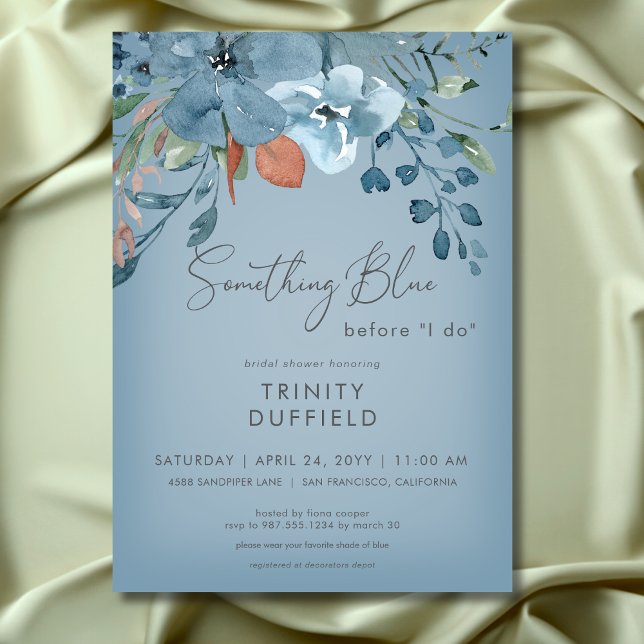 Convites Boho Rust Blue Floral Algo Azul Chá de panela (Boho Rust Blue Floral Something Blue Bridal Shower Invitation)
