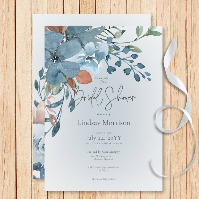 Convites Boho Rust e Blue Floral no Chá de panela Branco (Boho Rust & Blue Floral on White Bridal Shower Invitation)