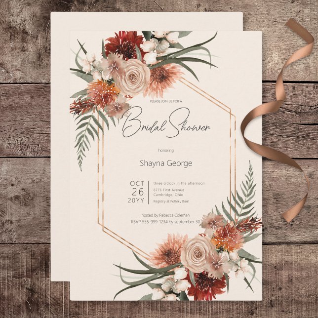Convites Boho Rust e Cream Fall Chá de panela Floral (Boho Rust & Cream Fall Floral Bridal Shower Invitation)