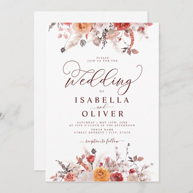 Convites Boho Rust Queimou Orange Terracotta Marsala Casame (Frente/Verso)