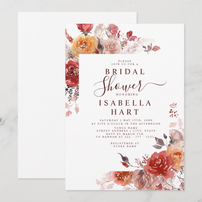 Convites Boho Rust Terracotta Burnt Orange Chá de panela (Frente/Verso)