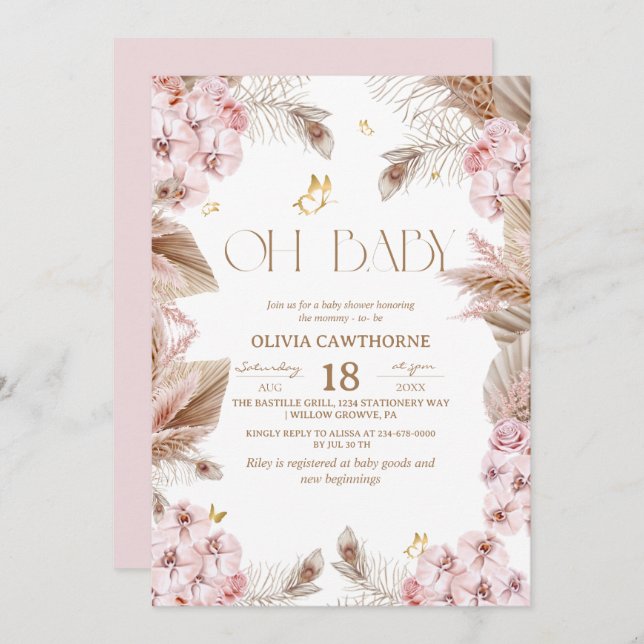 Convites Boho Rustic Baby Shower Invitation (Frente/Verso)