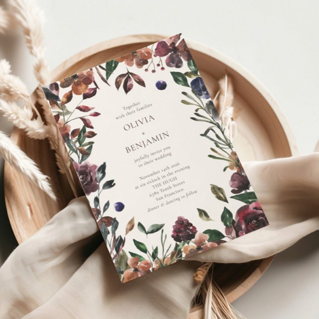 Convites Boho Rustic Botanical Burgundy Border Casamento (Criador carregado)