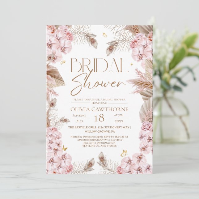 Convites Boho Rustic Dusty Pink Bridal Shower Invitation (Em pé/Frente)