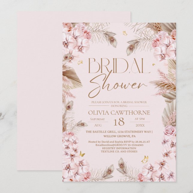 Convites Boho Rustic Dusty Pink Bridal Shower Invitation (Frente/Verso)