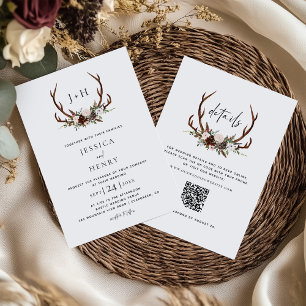 Convites Boho Rustic Floral Antlers Casando Código QR