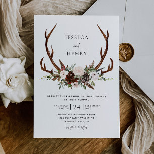 Convites Boho Rustic Floral Antlers Wedding