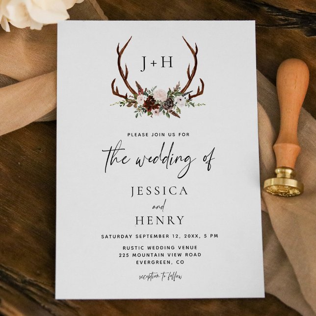 Convites Boho Rustic Floral Antlers Wedding (Criador carregado)