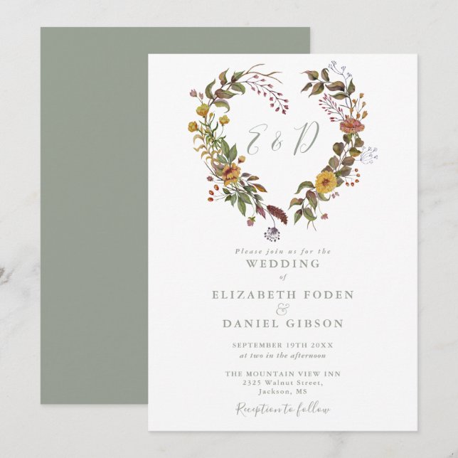 Convites Boho Rustic Floral Heart Sage Green Wedding (Frente/Verso)