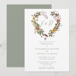 Convites Boho Rustic Floral Heart Sage Green Wedding