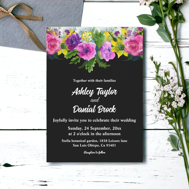 Convites Boho Rustic Flowers Black And White Floral Casamen (Criador carregado)