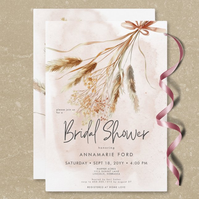 Convites Boho Rustic Pampas e Chá de panela Seco de Buquê (Boho Rustic Pampas & Dried Bouquet Bridal Shower Invitation)