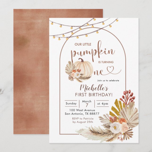 Convites Boho Rustic Pampas Grass White Pumpkin Aniversário (Frente/Verso)