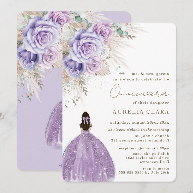 Convites Boho Rustic Pampas Purple Floral Quinceañera (Frente/Verso)