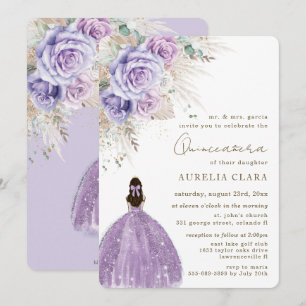 Convites Boho Rustic Pampas Purple Floral Quinceañera