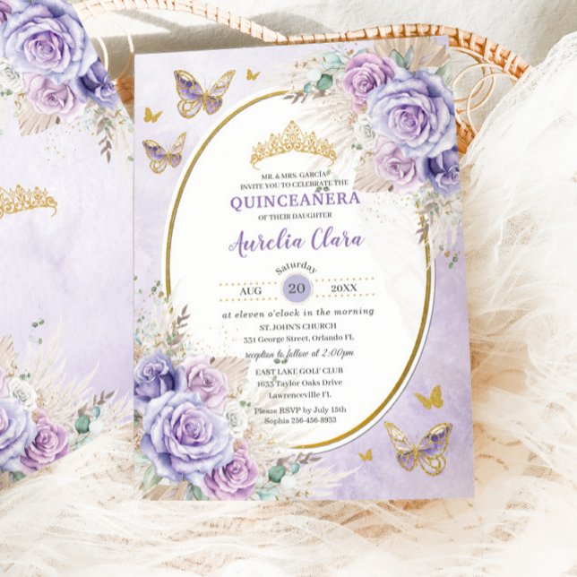 Convites Boho Rustic Pampas Purple Lilac Floral Quinceañera (Criador carregado)