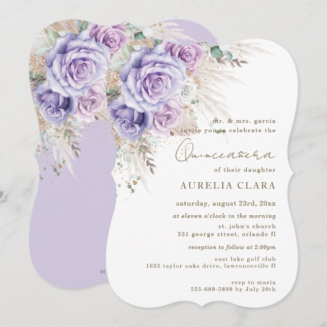 Convites Boho Rustic Pampas Purple Lilac Floral Quinceañera (Frente/Verso)