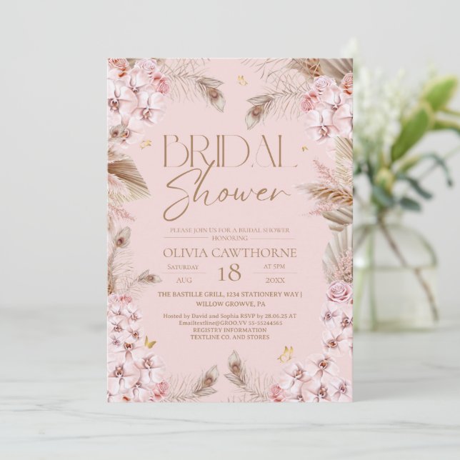 Convites Boho Rustic Pink Bridal Shower Invitation (Em pé/Frente)