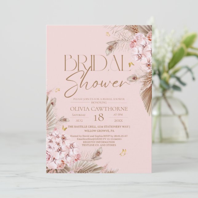 Convites Boho Rustic Rose Pink Bridal Shower Invitation (Em pé/Frente)