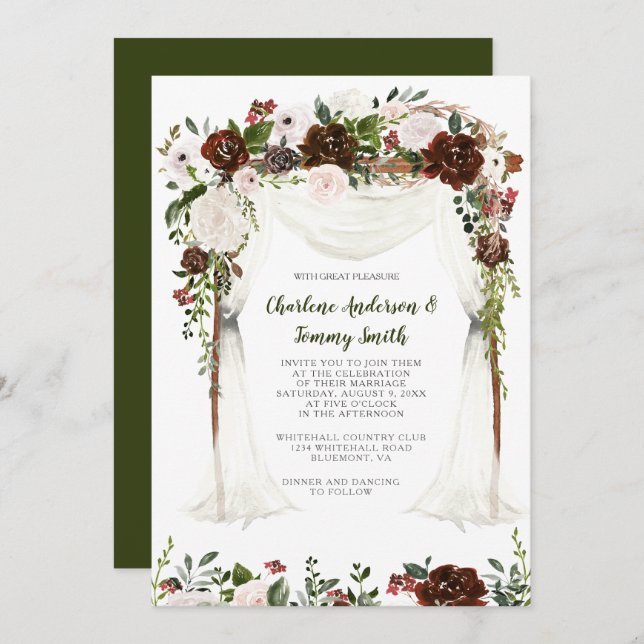 Convites Boho Rustic Watercolor Floral Canopy (Frente/Verso)