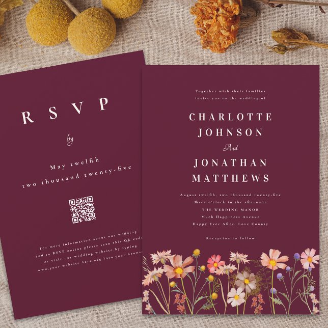 Convites Boho Rustic Wildflower Burgundy Casamento (Boho wildflower meadow burgundy wedding invitation Elegant modern stylish watercolor florals)
