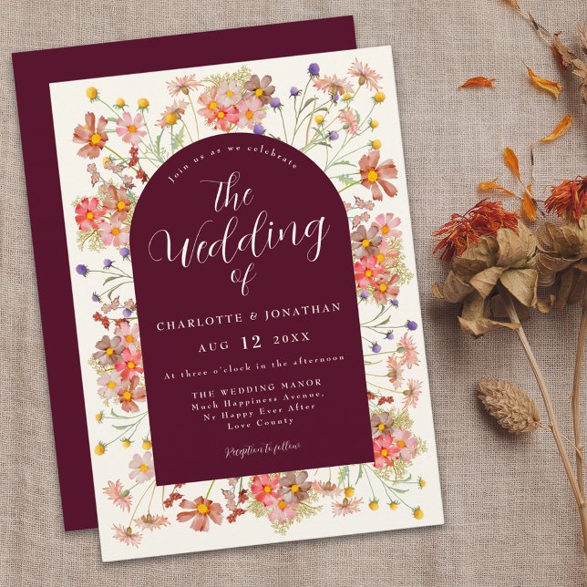 Convites Boho Rustic Wildflower Burgundy Casamento (Boho wildflower burgundy wedding invitation Watercolor florals elegant modern script )