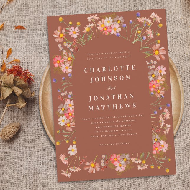 Convites Boho Rustic Wildflower Burnt Orange Casamento (Boho wildflower rustic burnt orange fall wedding invitation Watercolor florals elegant modern design)
