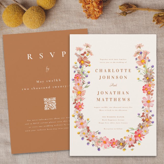 Convites Boho Rustic Wildflower Casamento outono (Brown fall boho rustic wildflower wreath wedding invitation Watercolor autumn floral )