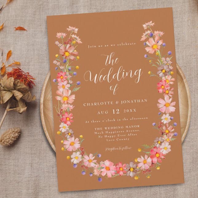 Convites Boho Rustic Wildflower Casamento outono (Boho rustic floral wreath fall terracotta wedding invitation Watercolor wildflowers elegant script)