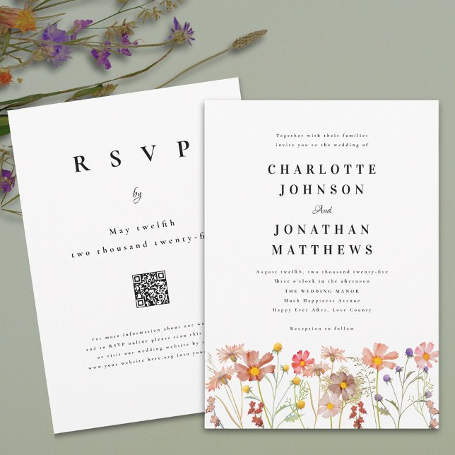 Convites Boho Rustic Wildflower Floral Código QR (Boho rustic Colorful Wildflower floral Wedding invitation watercolor flowers elegant typography )