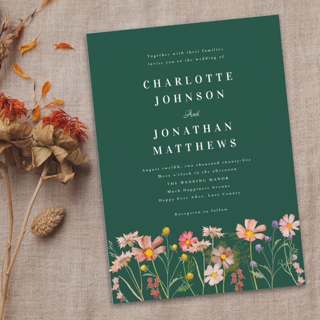 Convites Boho Rustic Wildflower Green Wedding (Boho rustic Wildflower floral dark green Wedding invitation Watercolor flowers elegant modern )