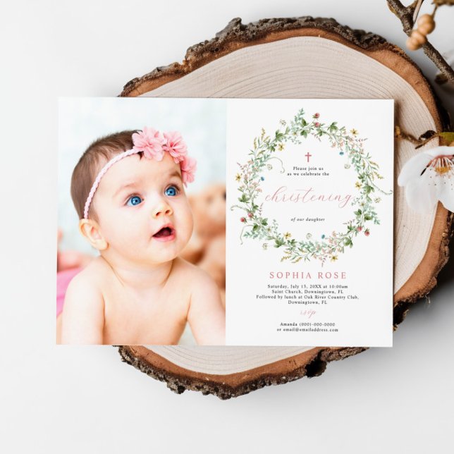 Convites Boho Rustic Wildflower Photo Christening (Criador carregado)