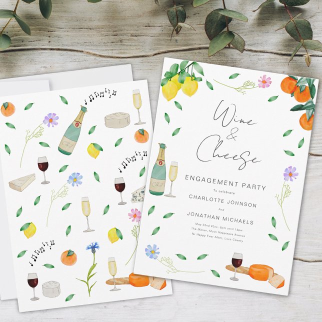 Convites Boho Rustic Wine and Cheese Festa de noivado (Wine and cheese chic boho floral watercolor engagement party invitation)
