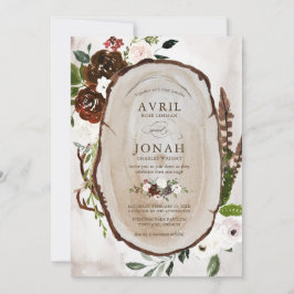 Convites Boho Rustic Wood & Floral Burgundy Casamento Rosa