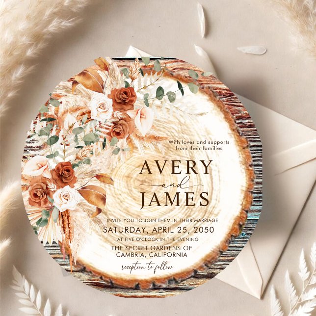 Convites Boho Rustic Wood Slice Wedding Invitation – Pampas (Criador carregado)