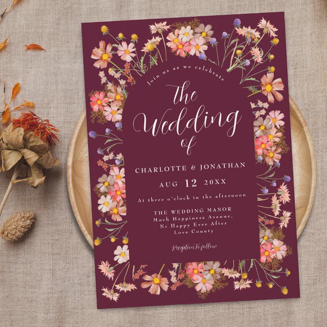 Convites Boho Rústico Casamento de Flores Silvestres Borgon (Boho wildflower rustic burgundy wedding invitation Elegant modern script watercolor florals)
