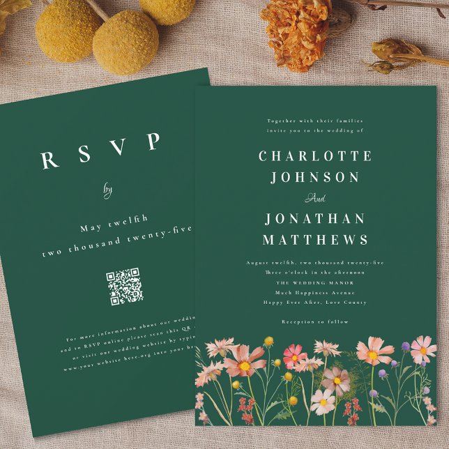 Convites Boho Rústico Casamento Verde com Flores Silvestres (Boho fall Wildflower floral dark green Wedding qr code invitation Watercolor flowers elegant modern)
