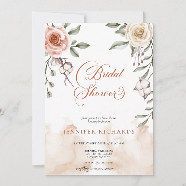 Convites Boho Rústico | Chuveiro de Noiva Vintage Rose (Frente)
