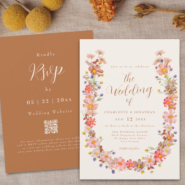 Convites Boho Rústico Floral Casamento de Outono (Boho fall rustic wildflower elegant script qr code wedding invitation watercolor floral wreath )
