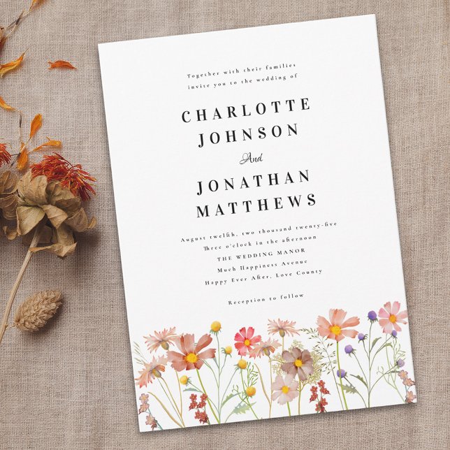 Convites Boho Rústico Floral de Flores Silvestres (Boho rustic Wildflower floral Wedding invitation Watercolor flowers elegant modern typography script)