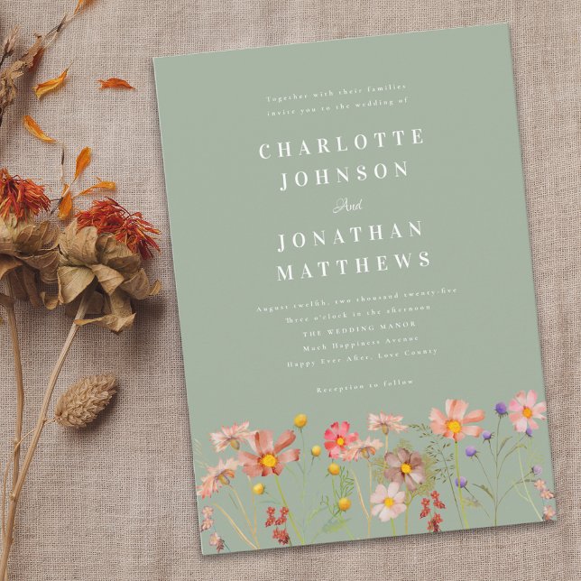 Convites Boho Rústico Floral de Flores Silvestres Verde Sal (Boho rustic Wildflower floral sage green Wedding invitation Modern elegant with watercolor flowers)
