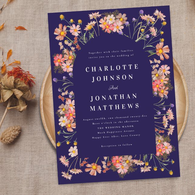 Convites Boho Rústico Flores Silvestres Casamento Azul Mari (rustic floral arch elegant navy blue fall wedding invitation Watercolor wild flowers modern stylish )