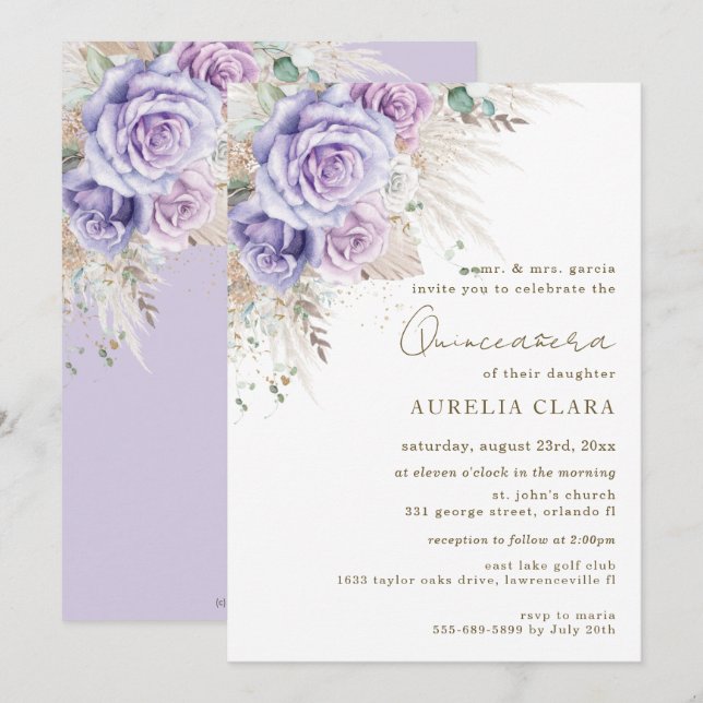 Convites Boho Rústico Pampas Floral Roxo Quinceañera Invi (Frente/Verso)